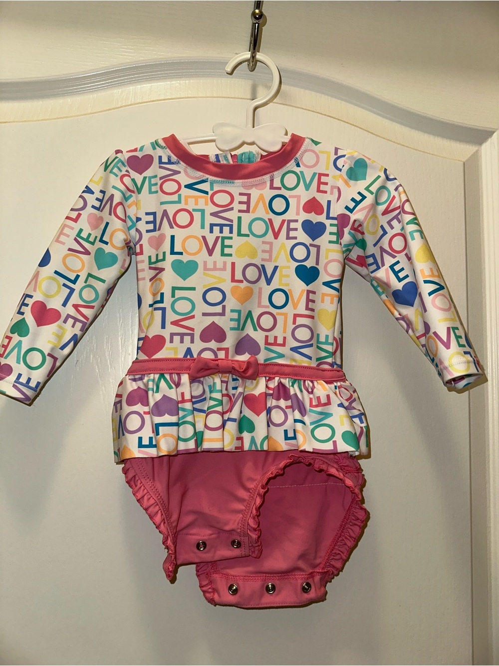 Ruffle Butts Multi 'LOVE' Print One-Piece with Pink Ruffle Bottoms